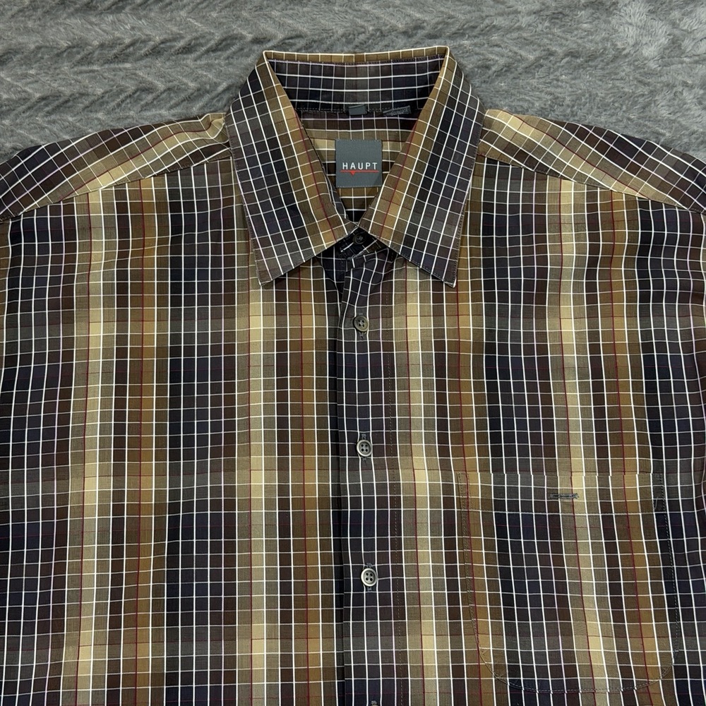 Vtg Haupt Shirt Germany Men Large Brown Check Button Down 16.5 - Picture 2 of 12